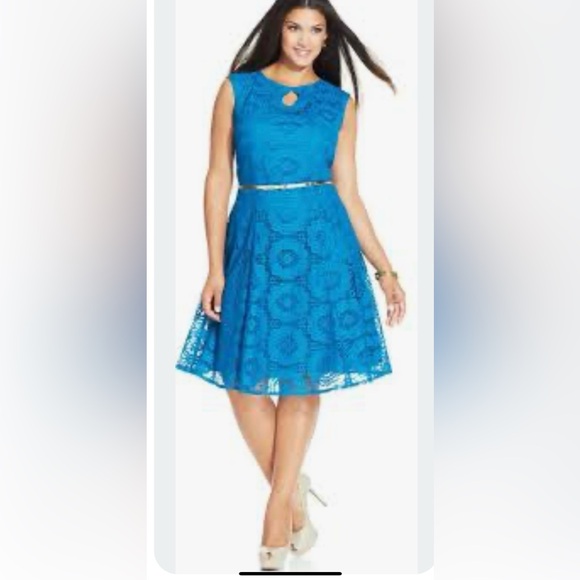 London Style Collection Turquoise circle Lace Overlay Sleeveless Dress sz14 - Picture 1 of 16